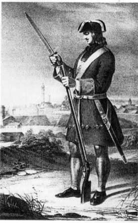 Fusilier russe du régiment de la Garde, équipé du fusil à platine à silex de modèle Baltique, vers 1700